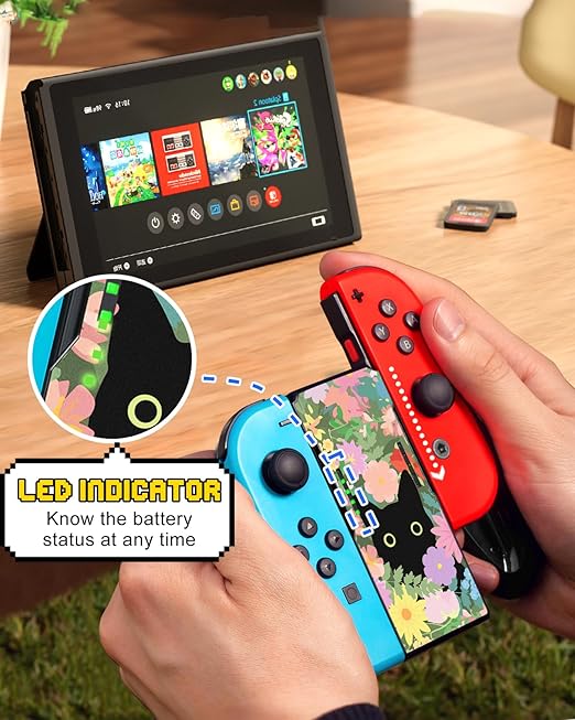 Lotadilo Joy-Con Grip for Nintendo Switch/Switch Oled - JoyCon Comfort Hand Grips Controller for Women Girls Teen Boys Cute Cartoon Design, Cat Flower
