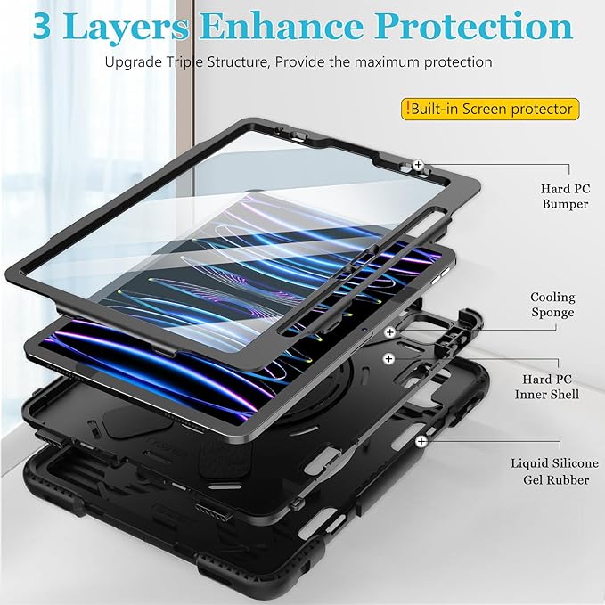 Case for iPad Pro 11 Inch (2022/2021/ 2020/2018): Silicone Cover for iPad 11 (4th/ 3rd/ 2nd/ 1st) Generation with Screen Protector- Stand- Handle- Shoulder Strap- Pencil Holder- Black