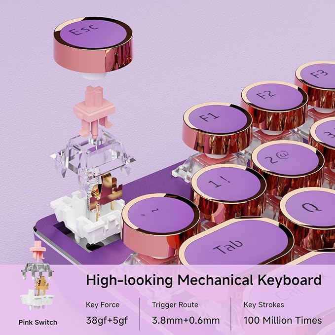 EWEADN Typewriter Style Mechanical Gaming Keyboard, Wired Mechanical Keyboards,104 Keys Backlit LED Keyboards, Media Control Knob, Wired Computer Keyboard Pink Switch for Windows/Mac/PC-Purple