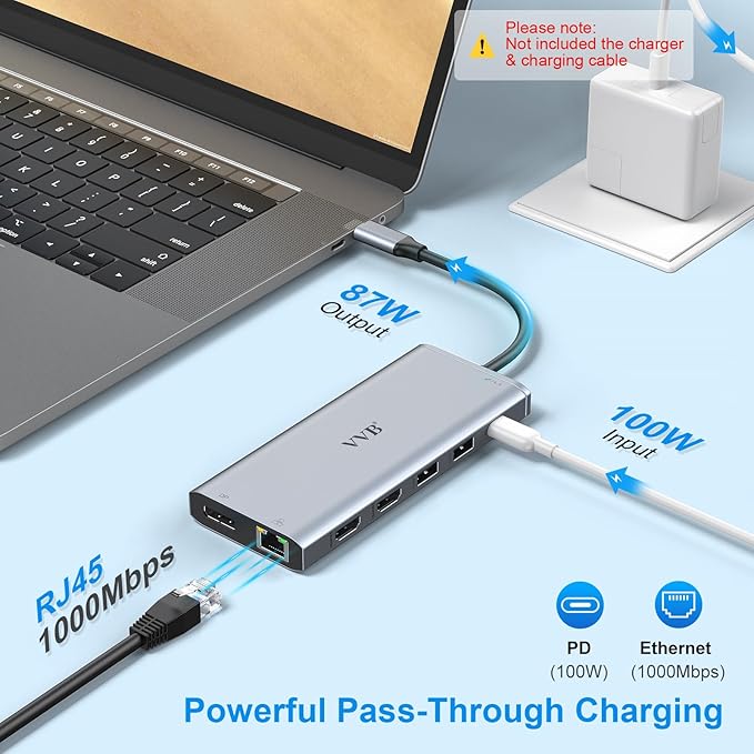 USB C Laptop Docking Station Dual Monitor HDMI for Dell/Lenovo/HP Laptop 14 in 1 USB C Hub Multiport Adapter Dongle Dock USB C to 2 HDMI 4K+DisplayPort+Ethernet+4USB+2USB C+100W PD Charger+SD/TF+Audio