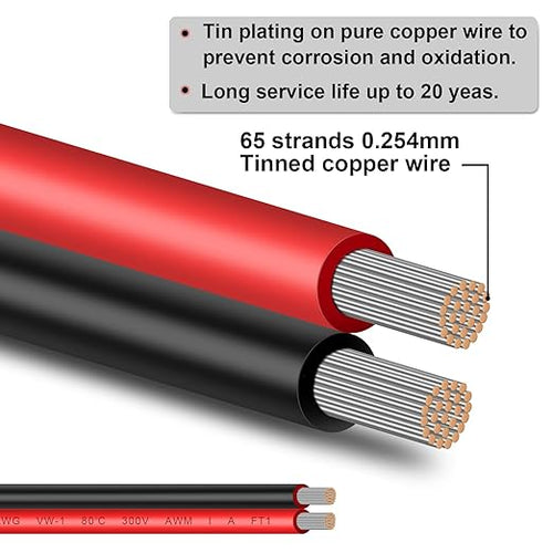 12AWG 2 Conductor Parallel Tinned Copper Wire - 20FT, Black, PVC Insulated, Solar Panel, LED, Automotive, RV, Inverter Compatible