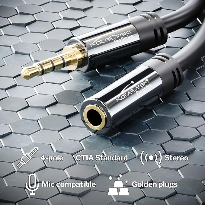 KabelDirekt – Headset Extension Cable – 20ft – Headphone Extension Cord with Break-Proof Metal Plug for Gaming Headsets & Headphones with Microphone, TRRS, 4-Pole, 3.5mm Male to Female