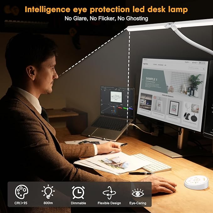 Led Desk Lamp for Office Home - Eye Caring Architect lamp with Clamp,Dual Screen Computer Monitor Gooseneck Smart Light: 24W 5 Color Flexible Adjustable Lighting Table Lamp for Study White