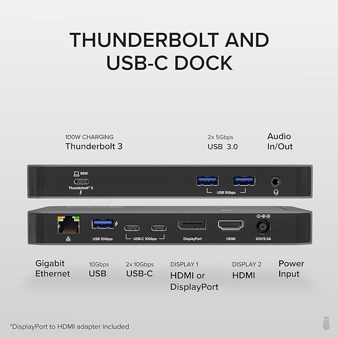 Plugable Thunderbolt Dock, 40Gbps with 100W Laptop Charging, Compatible with macOS, Windows, Dual HDMI Docking Station with DisplayPort - Dual Monitor, 2X USB-C, 3X USB 3, Gigabit Ethernet, Audio Jack