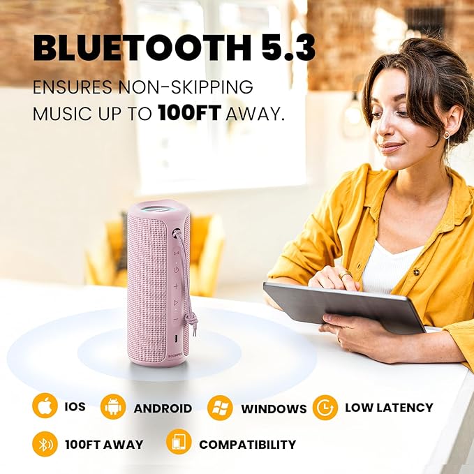 MIATONE Portable Bluetooth Speaker 36W Stereo Sound Bass Boost, 24H Playtime Bluetooth 5.3 TWS Pairing (Pink)