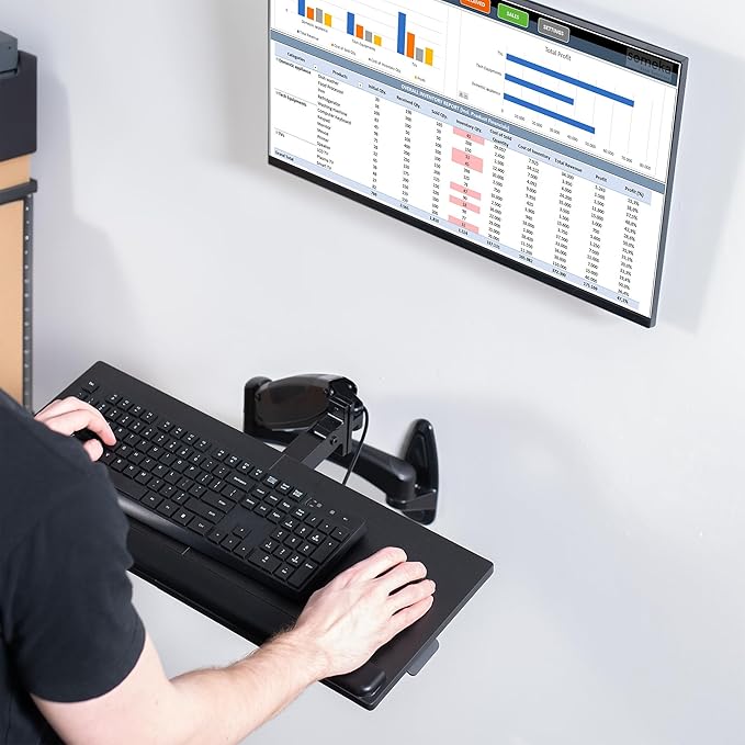 VIVO Sit-Stand 24 Inch Pneumatic Spring Keyboard and Mouse Tray Wall Mount, Counterbalance Height Adjustable Typing Platform, Ergonomic Tilt, Black, MOUNT-KB35B