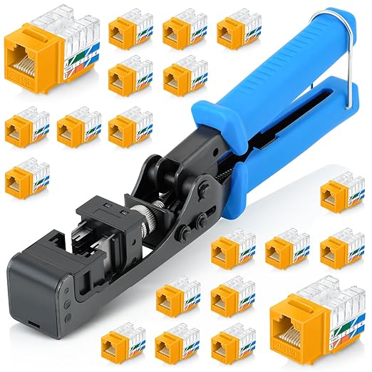 Everest easyJACK - 90° Angled Speed Termination Keystone Tool Set - with 20-Pack of RJ45 Cat6 Keystone Jacks in Yellow (Slim Profile Design) - Time Saver Network Punch Down Tool Cat6