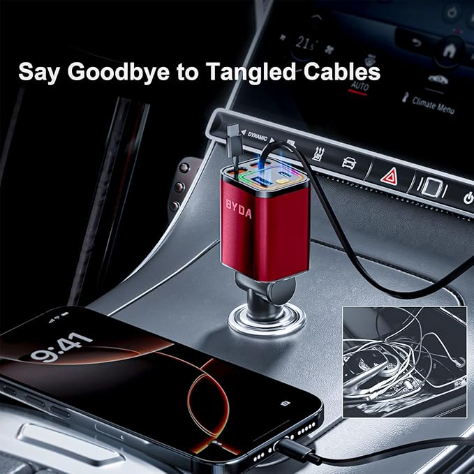 [2025 Mirco-Version] 4 in 1 Retractable Car Charger,69W Car Charger USB C,Cigarette Lighter Adapter,Fast Charging for iPhone 16e/16/15/14,13,Android (Red, for Lightning+USB-C)