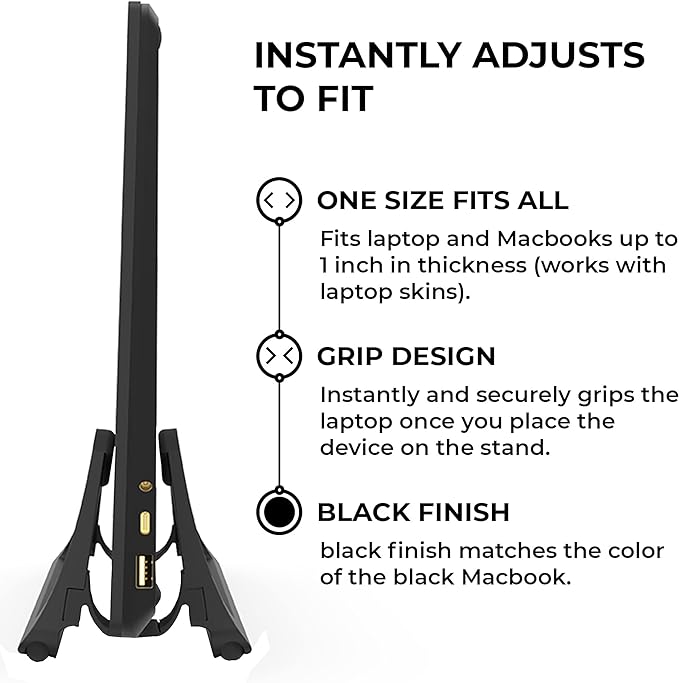 HumanCentric Vertical Laptop Stand for Desks in Matte Black, Upright Adjustable Holder to Dock Apple MacBook, MacBook Pro, and Other Laptops to Organize Work & Home Office, Automatic Grip