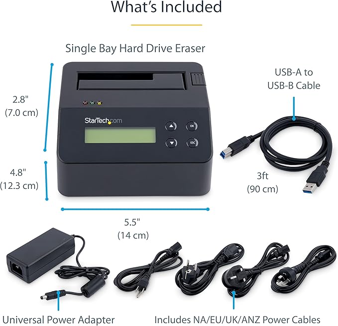 StarTech.com Single Bay Hard Drive Eraser, Standalone HDD/SSD Disk Wiper/Sanitizer, 4Kn, USB 3.0 to SATA III, 9 Erase Modes, LCD, RS232 Printer Port, Hardware Erasing Tool, TAA Compliant (SDOCK1EU3P2)