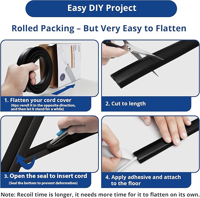 ZhiYo Floor Cord Cover 4ft, Cord Hider Floor Black, Cable Management Cover Prevent Cable Trips, Wire Covers for Electric Power Cords, Wire Protector Cavity W0.47 x H0.28