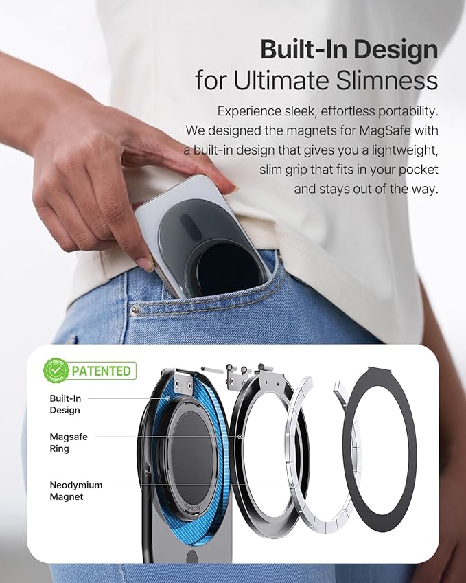 Sinjimoru Phone Grip Stand, Compatible with MagSafe, Adaptor Ring Included, 3000G Kickstand for iPhone 16/15/14/13/12. M-Tap Tok Stand Clear White