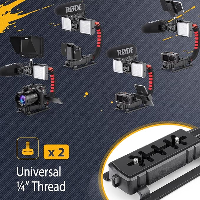 Zeadio Camera Handheld Stabilizer with Smartphone Video Cage Rig, Triple Cold-Shoe Handle Grip Compatible with All Camera Action Camera DSLR Smartphone