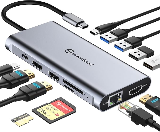 UtechSmart USB C Hub, 3 HDMI Docking Station Triple Display 12 in 1 USB C Laptop Adapter with 4K HDMI PD3.0 SD TF Card Reader Gigabit Ethernet for MacBook Pro/Air/M1/M2 & Windows