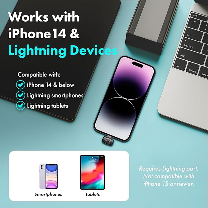 Movo NanoMic Dual Lightning Wireless Microphone for iPhone 14 and Below– Lavalier Mic for iPhone, Great for Vlogging, TikTok, Content Creation