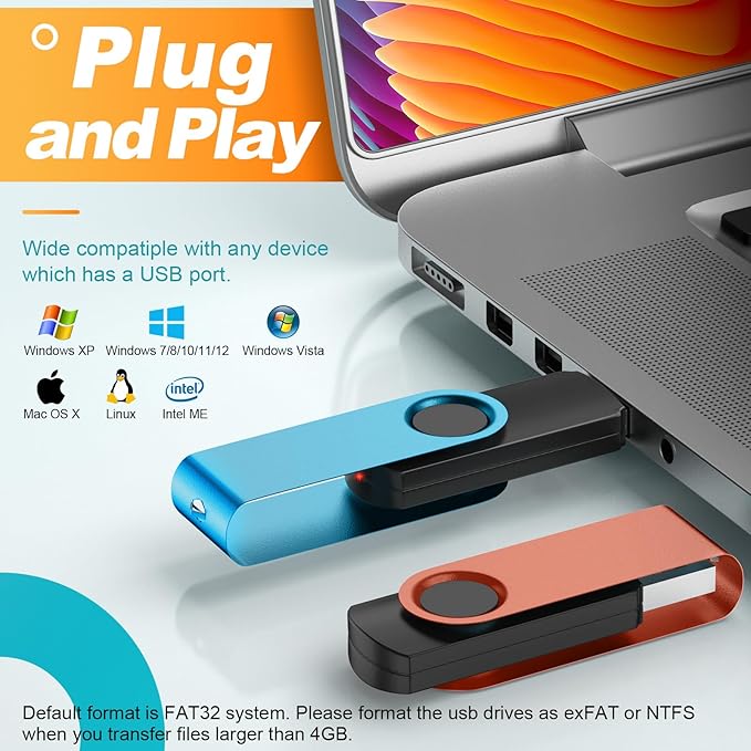 Kepmem Flash Drive 64GB Pack of 10 Thumb Drives Bulk 64 Giga USB Drives Value Metal USB 2.0 Memory Sticks Swivel Pen Drive 64 GB Portable Jump Drive Colorful Multipack Zip Drives for Data Storage