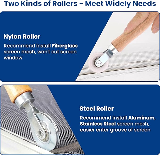 4 in 1 Screen Repair Kit, Screen Roller Tool Kit Inlcuded Metal/Nylon Screen Roller Tool, Spline Removal Hook and Screen Clips, Screen Repair Tool for Installing Door Window Mesh