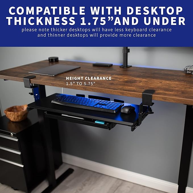 VIVO Large Clamp-on Height Adjustable Keyboard Tray, Pull Out Platform, Pencil Drawer, 27 (33 Including Clamps) x 11 inch Slide-Out Tray Storage Drawer, Black, MOUNT-KB05-4DH