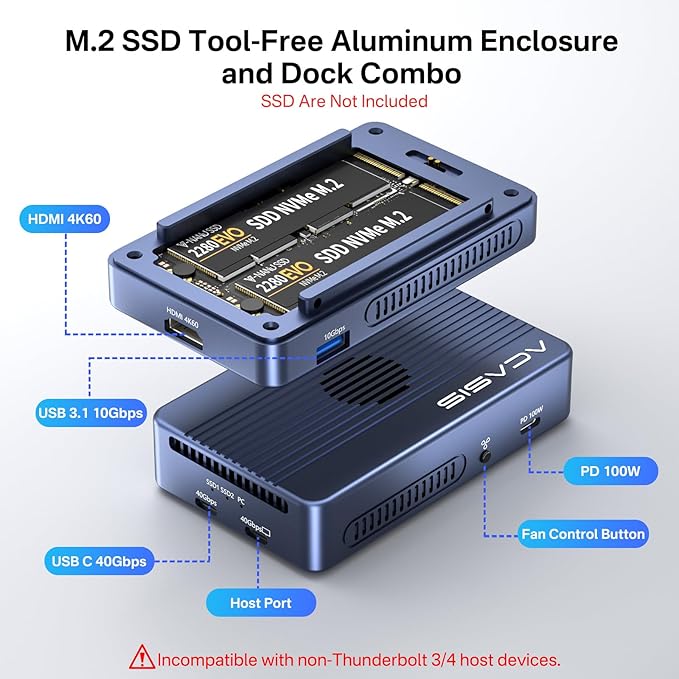 ACASIS 40Gbps M.2 NVMe SSD Enclosure, Cooling Fan, Compatible Thunderbolt 4/3/USB 4.0, Tool-Free, Aluminum Dock Dual Monitor, Support Software RAID, 2 USBC 40Gbps for M1/M2/Windows