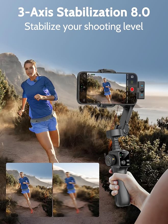 Gimbal Stabilizer for iPhone & Android,3-Axis Phone Gimbal w/Wireless Lavalier Microphone,Built-in 7.8" Extension Pole,OLED Display,Phone Stabilizer for Video Recording TikTok(V8 Mic Kit)