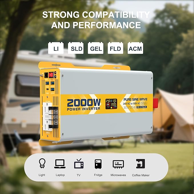 XWJNE 2000W Pure Sine Wave Power Inverter 24V DC to 120V GFCI AC Converter with LCD Display and Remote for Home, RV, Truck, Off-Grid Solar Power