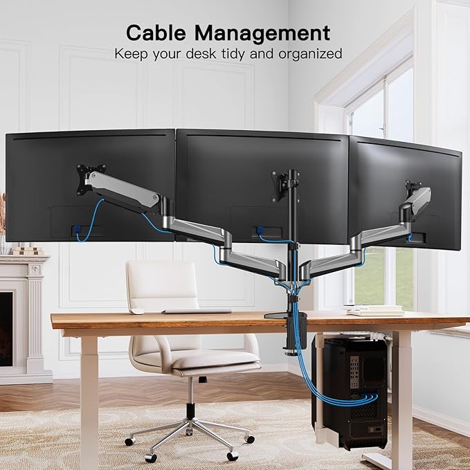 HUANUO Triple Monitor Stand - Full Motion Articulating Gas Spring Monitor Mount Fit Three 17 to 32 inch Flat/Curved LCD Computer Screens with Clamp, Grommet Kit, Silver