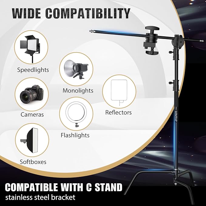LOMTAP C Stand Light Stand Stainless Metal Photography Kit - Heavy Duty 10.8ft/330cm Vertical Pole, 4.2ft/128cm Boom Arm, Adjustable Base, Water Sandbag, 2 Grip Heads, 3 Clips for Softbox, Reflector