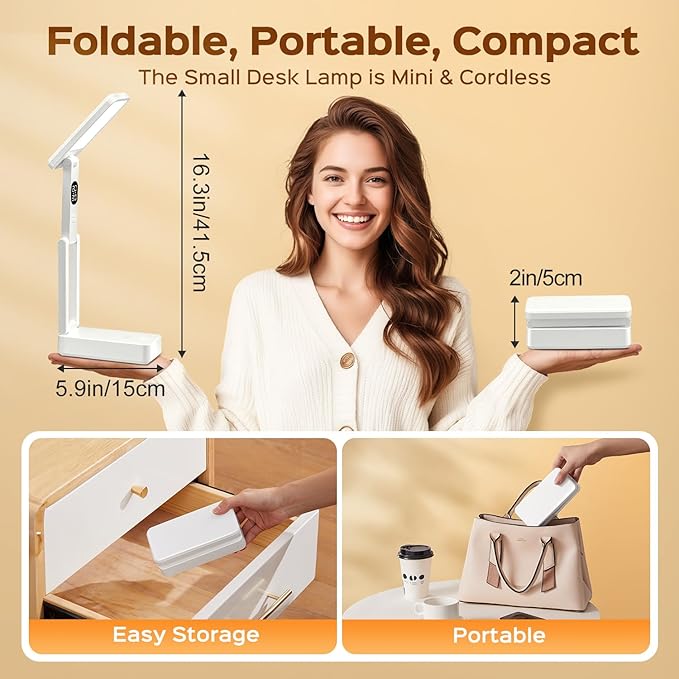 Small Desk Lamp,10000mAh Battery Operated Lamp,3 Colors+Dimmable Desk Light,LED Desk Lamp with USB Charging Port+Digital Clock+45min-Timer,Wireless & Portable Light,Desk Lamps for Home Office,Craft