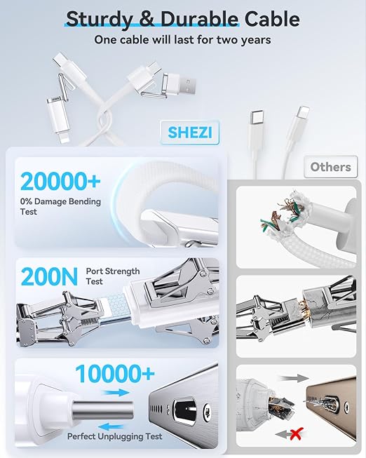 SHEZI 4-in-1 Compatible with USB C to Lightning Cable 100W Fast Charging & Data Transfer, Support to CarPlay & Android Auto, 5FT Multi Cords Charger for iPhone/iPad/Samsung/MacBook Cable, White