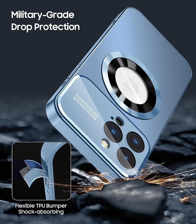 Magnetic for iPhone 16 Pro Case, Compatible with MagSafe, Built-in Camera Lens Protector, Logo View, Military Grade Drop Proof Phone Cover, Sierra Blue