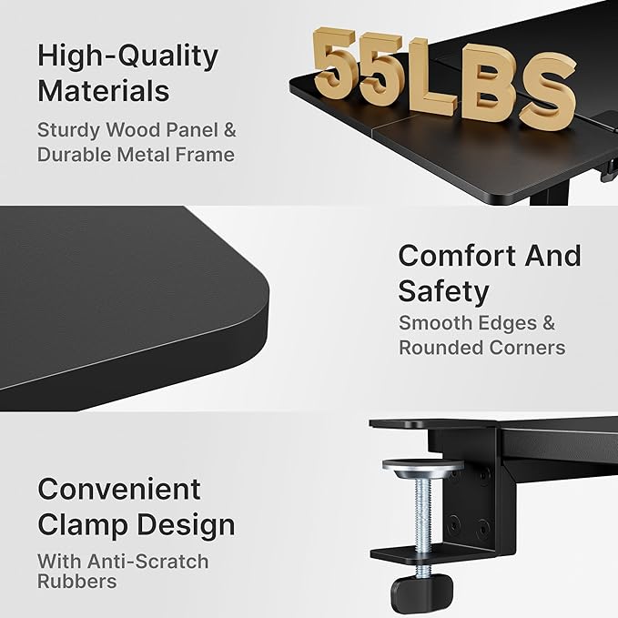 Desk Extender Tray, 28" x 12" Clamp On Desk Shelf, Desk Extension with Storage Drawer, Table Desk Arm Rest, Clamp On Keyboard Tray for Office and Home, Workstation Organizer, Large, Black