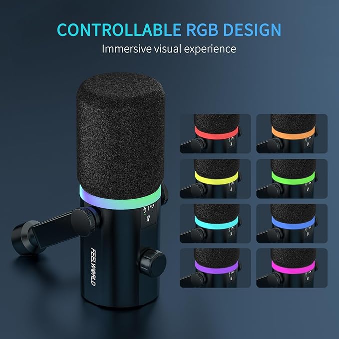 FEELWORLD PM1 XLR USB Dynamic Microphone Gifts for Podcast Recording PC Computer Gaming Live Streaming Vocal Voice-Over, Studio Metal Mic with Voice-Isolating, RGB Light, Mute Button, Headphones Jack