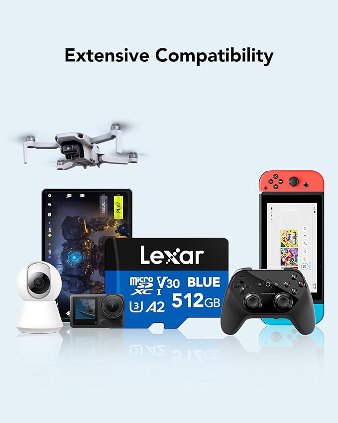 Lexar 512GB Blue Micro SD Card Up to 160MB/s, microSDXC UHS-I Memory Card with SD Adapter, C10, U3, A2, V30, Full HD, 4K UHD, High Speed TF Card
