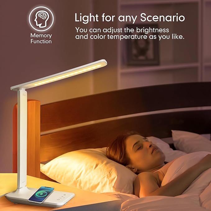 White crown LED Desk Lamp with 15W Wireless Charger & USB Port, Dimmable Table Lamp with 5 Lighting Modes, Sensitive Touch Control, Foldable & Portable Desk Light for Home, Office, Bedroom, Reading