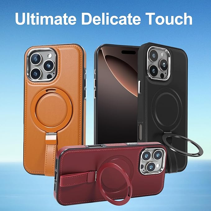 Leather Case, Suitable for iPhone 16 Pro Case, Invisible Magnetic Design, Equipped with a Lanyard and Foldable Stand, Black, Yellow and red (Black, iPhone 16 Pro)