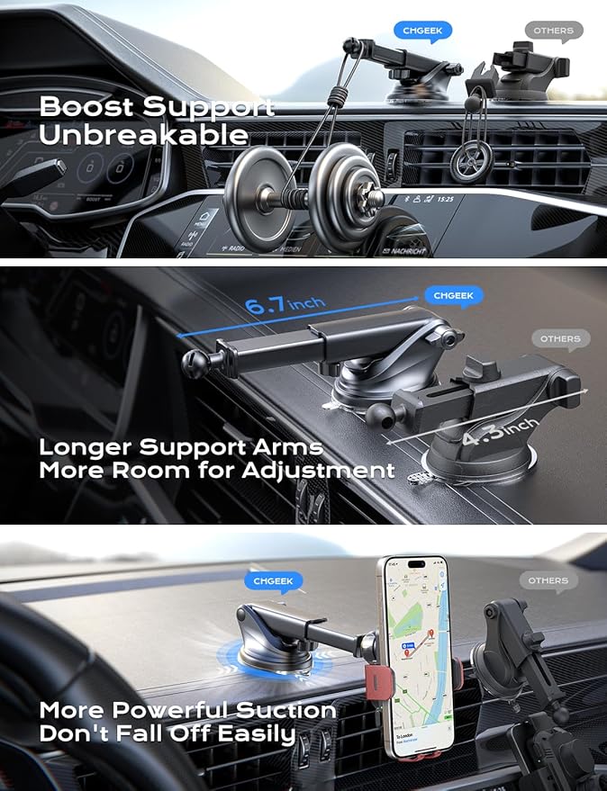 CHGeek Wireless Car Charger, 15W Fast Charging Auto Clamping Car Charger Phone Mount Phone Holder fit for iPhone 15 14 13 12 11 Pro Max Xs, Samsung Galaxy S25 Ultra S24 S23 S22, S21, S20, Red