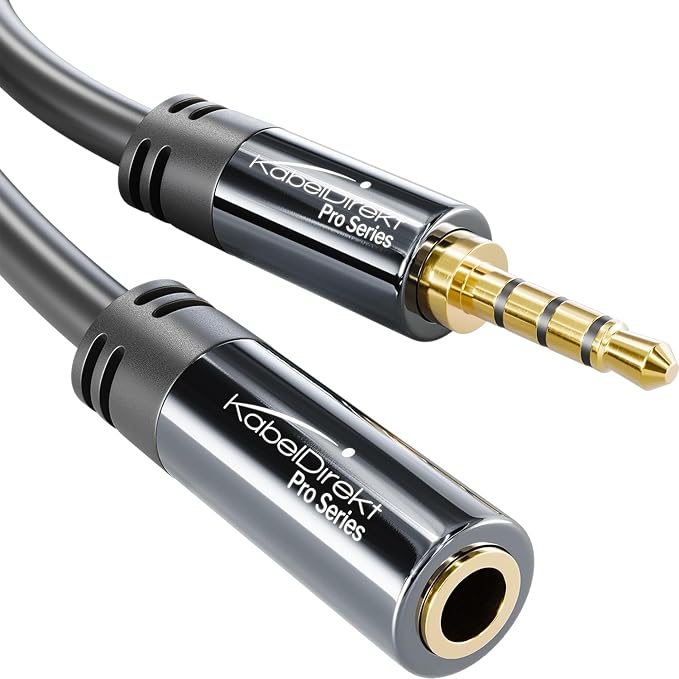KabelDirekt – Headset Extension Cable – 15ft – Headphone Extension Cord with Break-Proof Metal Plug for Gaming Headsets & Headphones with Microphone, TRRS, 4-Pole, 3.5mm Male to Female