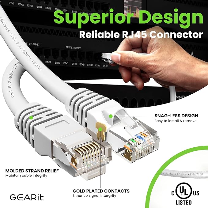 GEARit Cat 6 Ethernet Cable (1-Pack 5 Feet) Cat6 Network Patch, 10Gbps, RJ45, Snagless Cord, Gold-Plated Connectors, Internet for PC, TV, Tablet, Router, Printer, Servers, IT Data Center - White