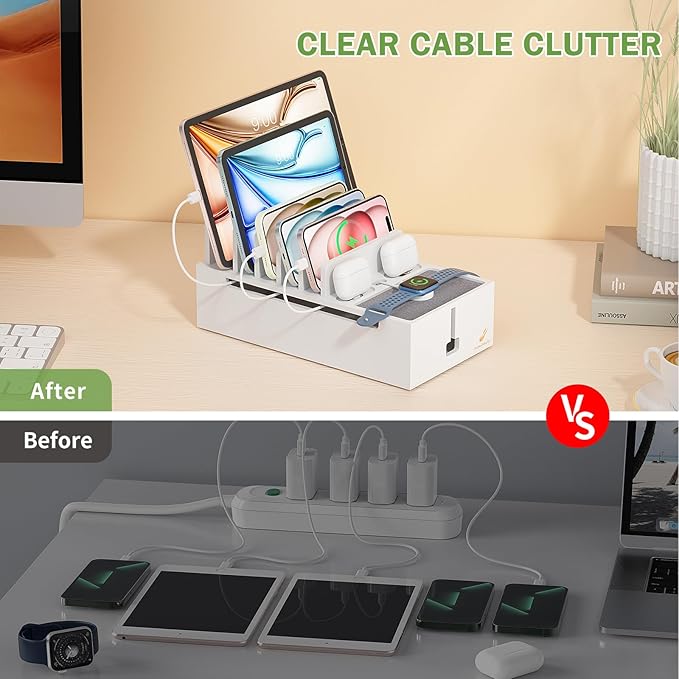 Pezin & Hulin Multi Charger Station Organizer Rack, Bamboo Cable Management Box, Power Strips and Cord Hider, Nightstand Device Organizer (Include 6 Cables)(No Power Charging Supply) -White