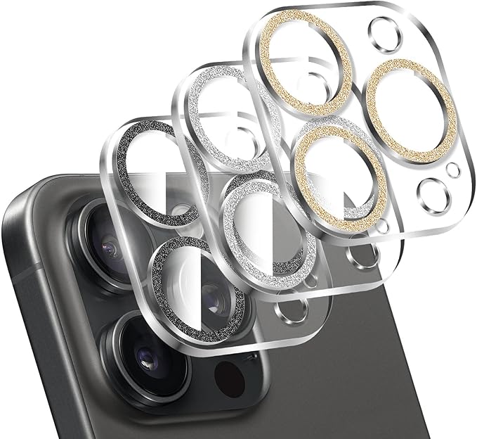 LucBuy 3PCS Sparkling Camera Lens Protector for iPhone 15 Pro/iPhone15 Pro Max, Full Clear Acrylic Cover with Shiny Colorful Glitter Designed Decoration Back Camera Protector