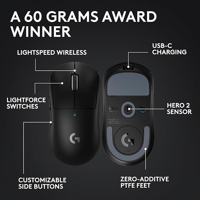 Logitech G PRO X SUPERLIGHT 2 Wireless Gaming Mouse, 60g Pro-Grade with 5 Programmable Buttons, 44k DPI Sensor, 8kHz Report Rate, USB-C Charging for PC/Mac - Black