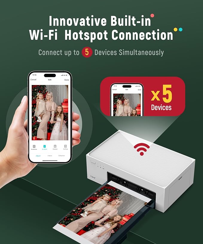 Liene M100 4x6'' Photo Printer Bundle (180 pcs +5 Ink Cartridges), Wi-Fi Picture Printer for iPhone, Android, Smartphone, Computer, Dye-Sublimation, Portable for Home Use