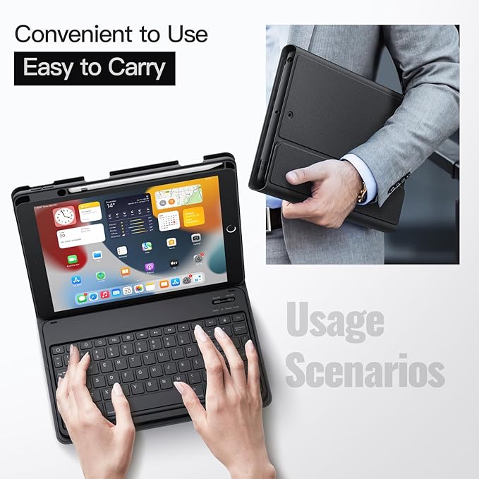 JETech Keyboard Case for iPad 10.2-Inch (2021/2020/2019 Model, 9th/8th/7th Generation) with Pencil Holder, Magnetic Detachable Bluetooth Wireless Keyboard, Soft TPU Back Stand Cover (Black)