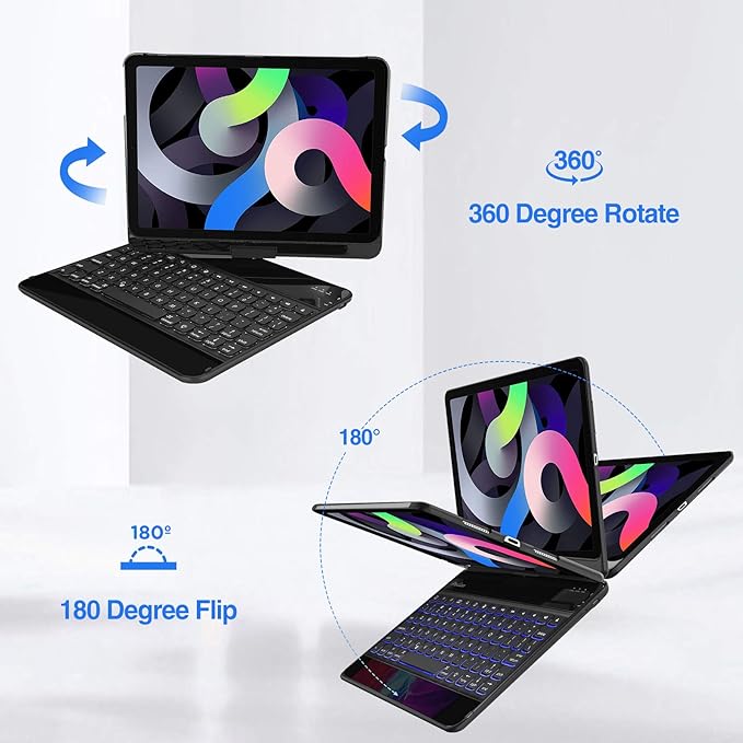 ProCase 360° Rotation Keyboard Case for iPad Air 11" (M3/M2) 2025/2024/Air 5th/4th 10.9" 2022 2020/ iPad Pro 11" 2022 2021 2020 2018, Wireless Keyboard with 7 Colors Backlit, Auto Sleep/Wake -Black
