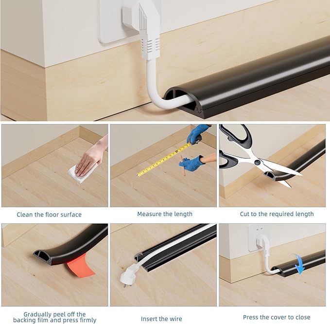 4ft Side Buckle Floor Cord Cover for Wires, Selfadhesive Extension Cord Hider Easy Floor Cable Management Prevent Cable Trips,Silicone Floor Wire Covers for Cords, Cable Protector Cord Cavity（Brown）