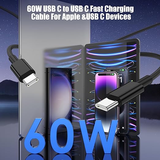 3-Pack Black [3.3FT+6.6FT+10FT] 60W USB C to USB C Cable, Type C Fast Charging Cable for iPhone 16 15 Pro Plus Pro Max，for Galaxy S24 S23, for iPad Pro/Air, for MacBook Pro/Air and More