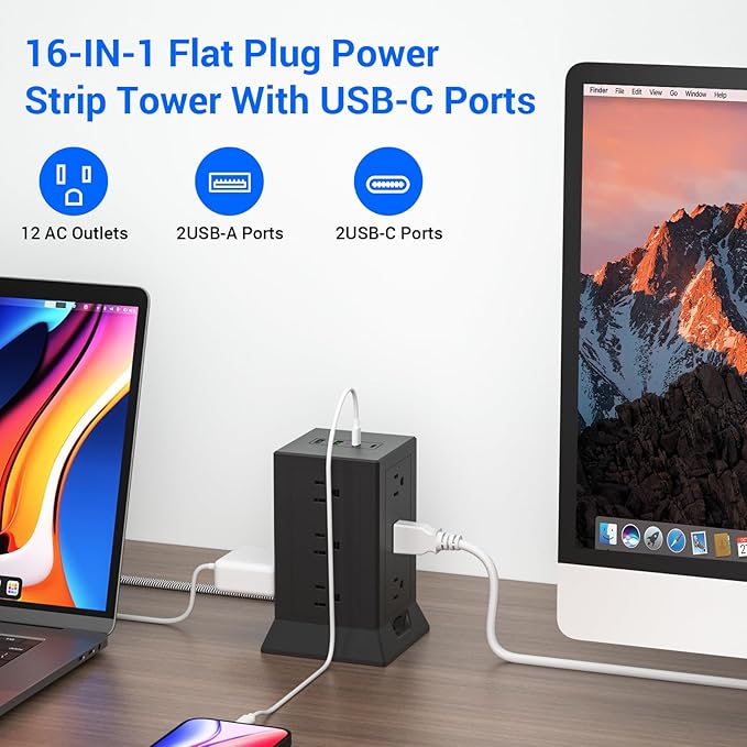 Power Strip Tower with Multiple Outlets 16.5 Ft Extension Cord Flat Plug with 12 AC Outlets 4 USB Ports (2 USB C), Power Tower Surge Protector with Individual Switches for Home Office Dorm Room, Black