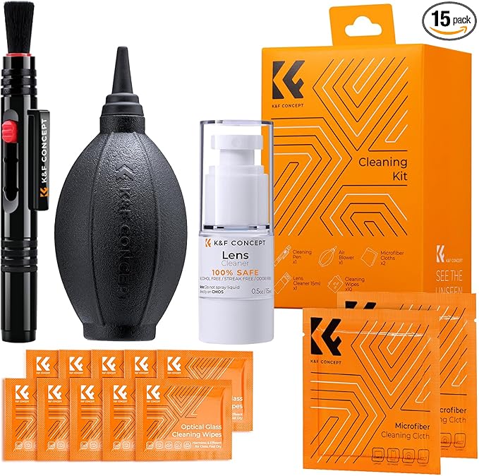 K&F CONCEPT 15-in-1 Camera Lens Cleaning Kit with Camera Blower, Glasses Wipes*10, Cleaning Liquid, Microfiber Cleaning Cloth*2, Lens Cleaning Pen for DSLR Camera Lens Filter Cell Phones