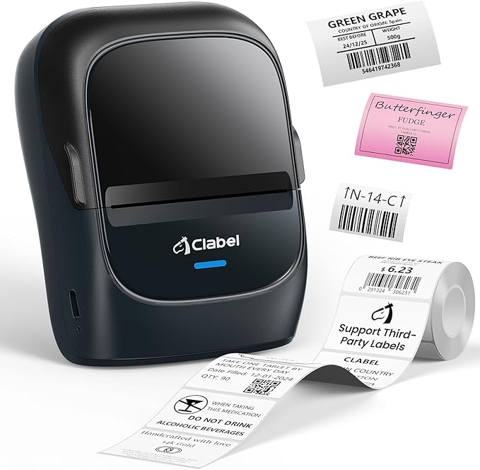 CLABEL Thermal Label Maker Machine: 221B Bluetooth Label Maker Machine with Tape Mini Sticker Printer Barcode Printer Compatible with Smartphone with 1 Roll 40x30mm Label (Blue)