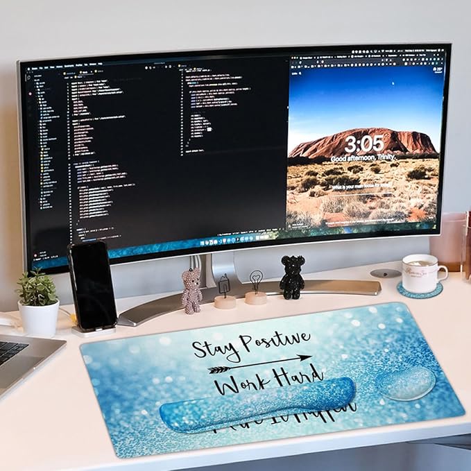 4-in-1 Large Gaming Mouse Pad, Keyboard Wrist Rest Pad & Wrist Support Mousepad Set, Extended Desk Pad Waterproof Desk Mat for Home Office Study Game - Stay Positive